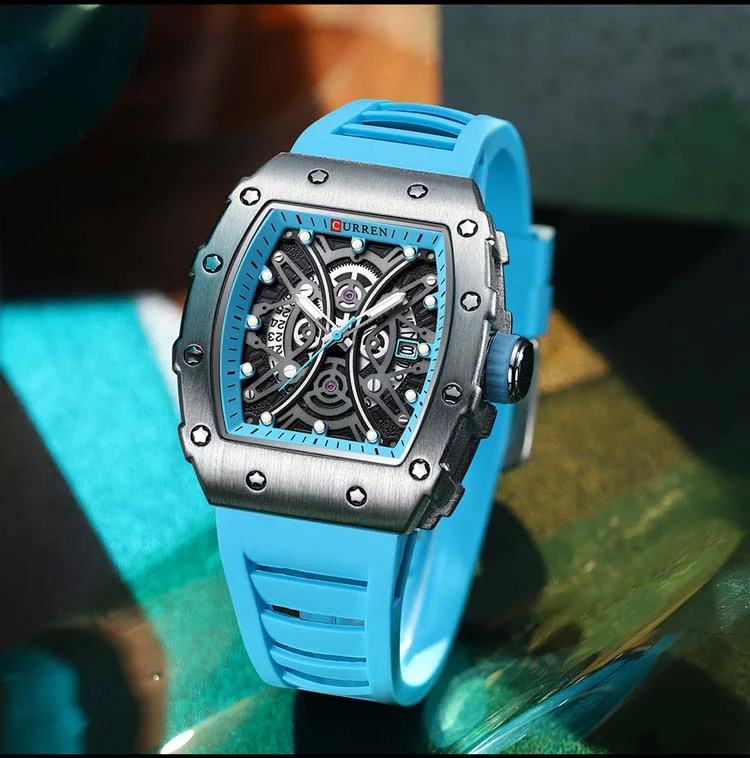 CURREN Square Luminous Watches for Men Sport Casual Silicone Bracelet Half Hollow Auto Date Dial Wristwatches Gift 8438 