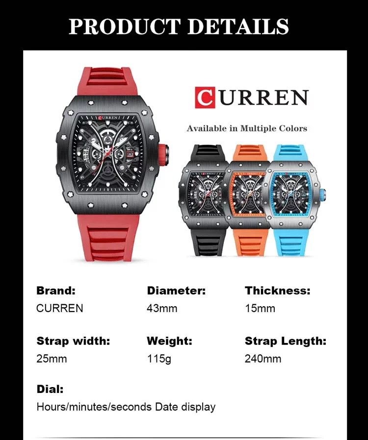 CURREN Square Luminous Watches for Men Sport Casual Silicone Bracelet Half Hollow Auto Date Dial Wristwatches Gift 8438 