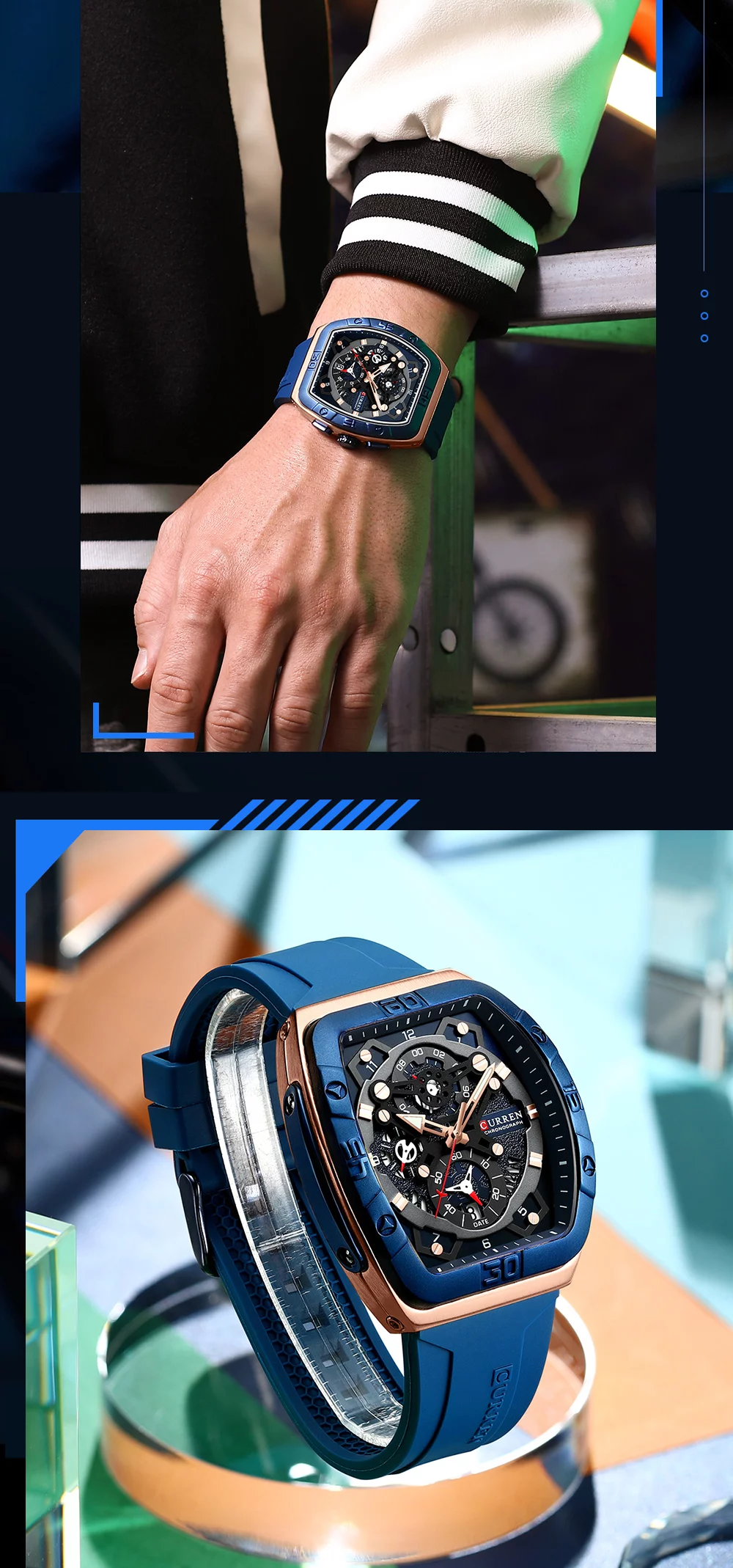 urren 8443 Men's Unique Tonneau Watch, Large Dial, Casual Quartz, Silicone Strap, Luminous