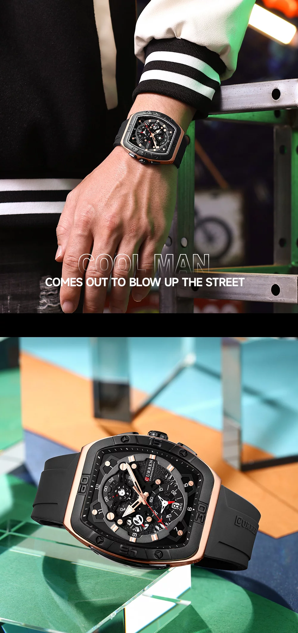 urren 8443 Men's Unique Tonneau Watch, Large Dial, Casual Quartz, Silicone Strap, Luminous