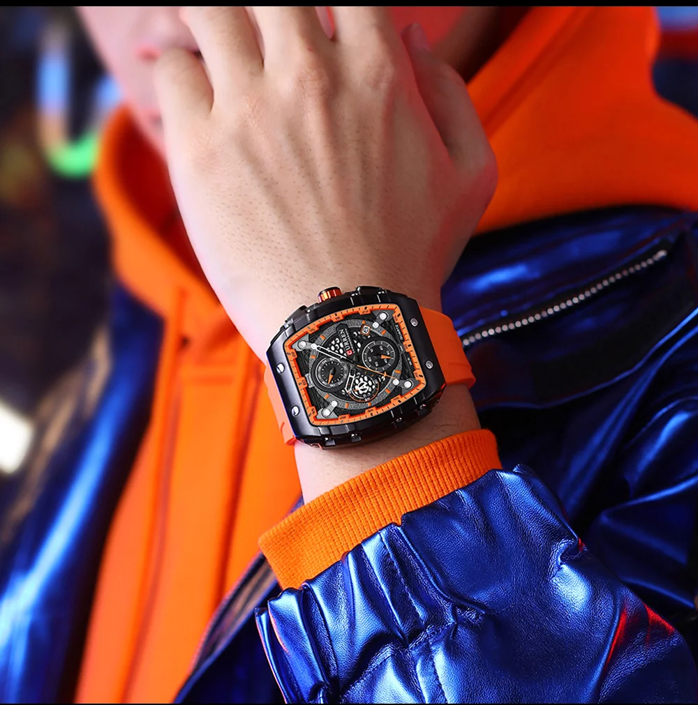Curren New Fashion Blue Sports Luminous Watches Large Dial Unique Square Hollow Design Quartz Wristwatches Auto Date 8442