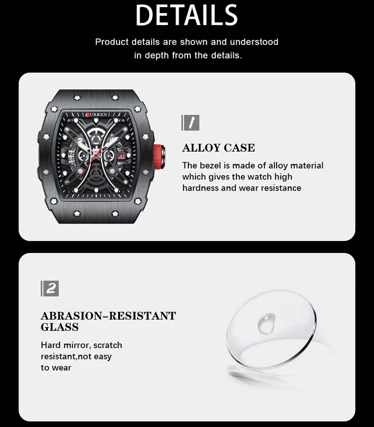 CURREN Square Luminous Watches for Men Sport Casual Silicone Bracelet Half Hollow Auto Date Dial Wristwatches Gift 8438 