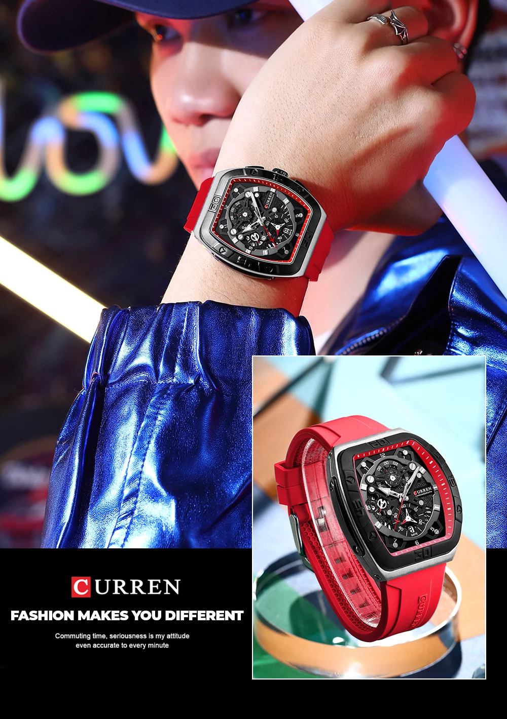 urren 8443 Men's Unique Tonneau Watch, Large Dial, Casual Quartz, Silicone Strap, Luminous