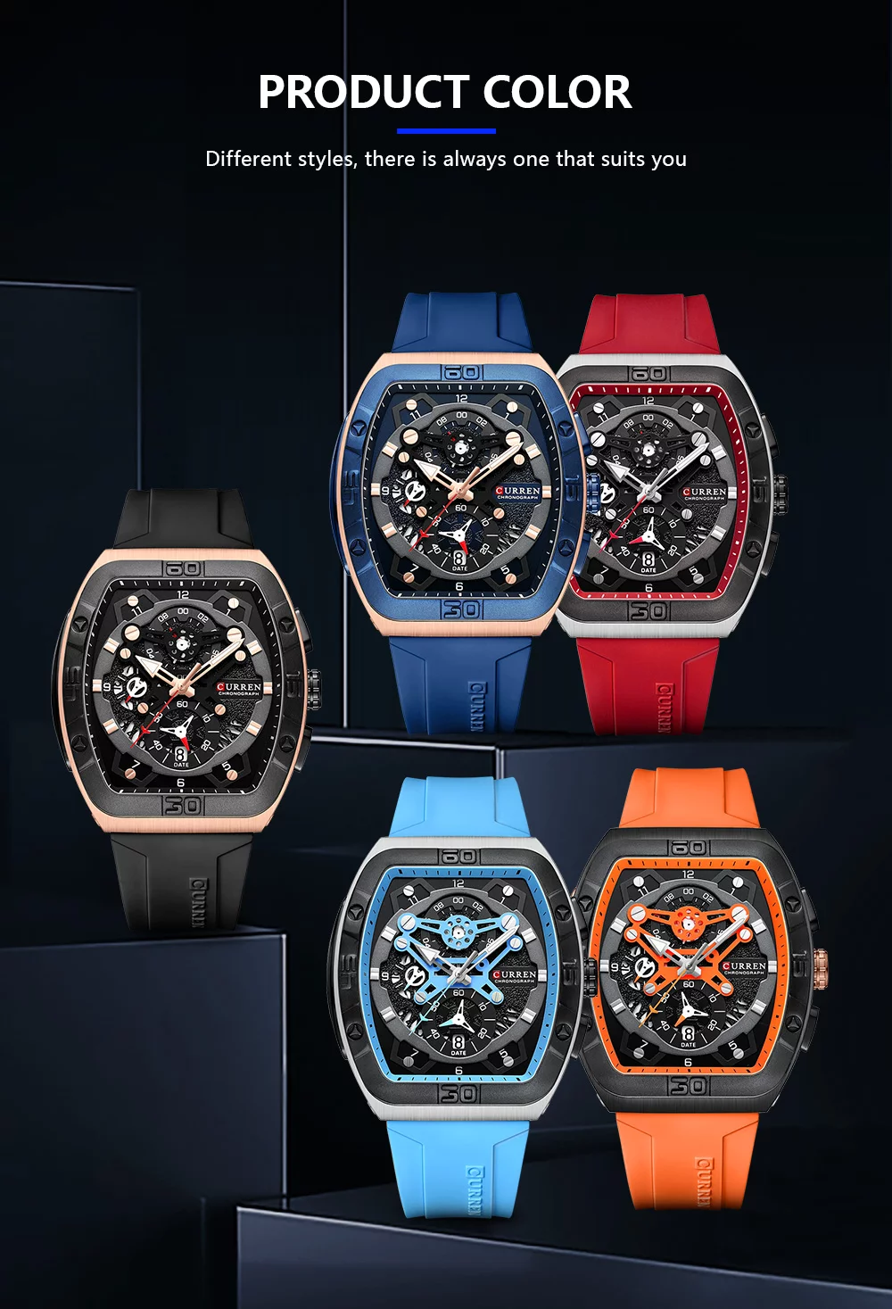 urren 8443 Men's Unique Tonneau Watch, Large Dial, Casual Quartz, Silicone Strap, Luminous