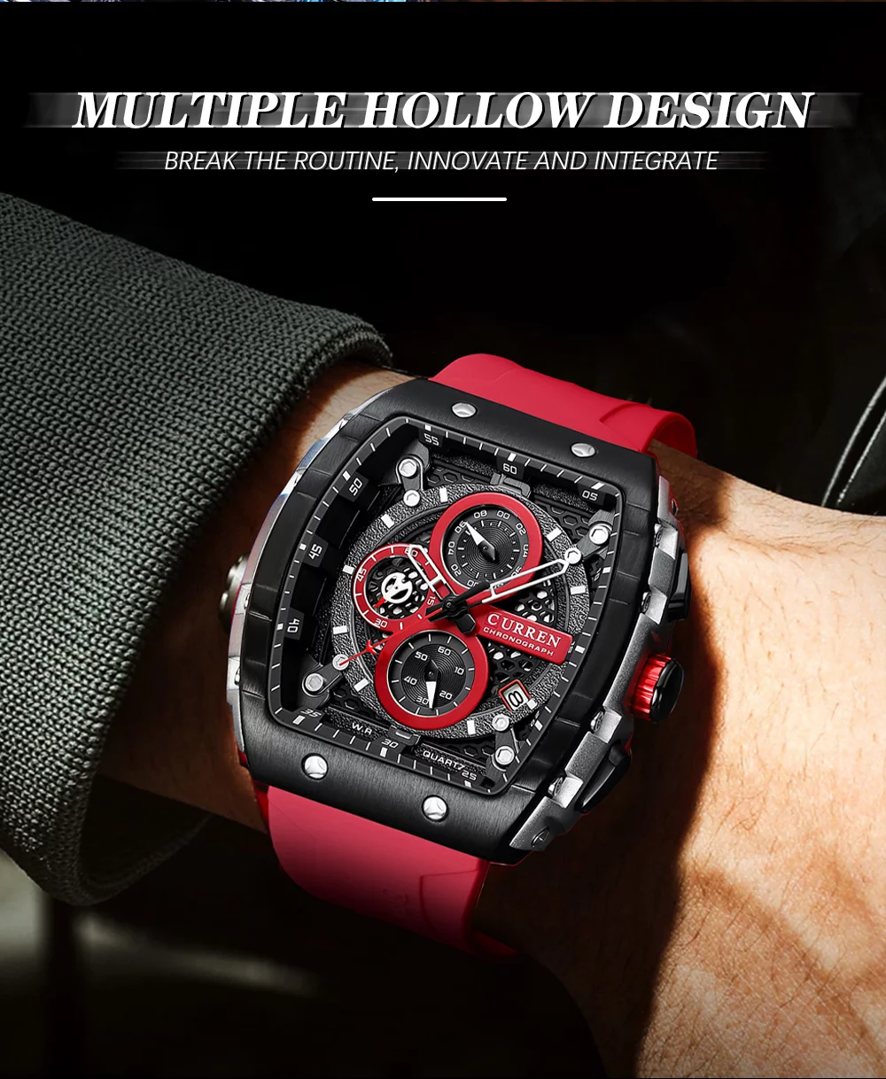 Curren New Fashion Blue Sports Luminous Watches Large Dial Unique Square Hollow Design Quartz Wristwatches Auto Date 8442