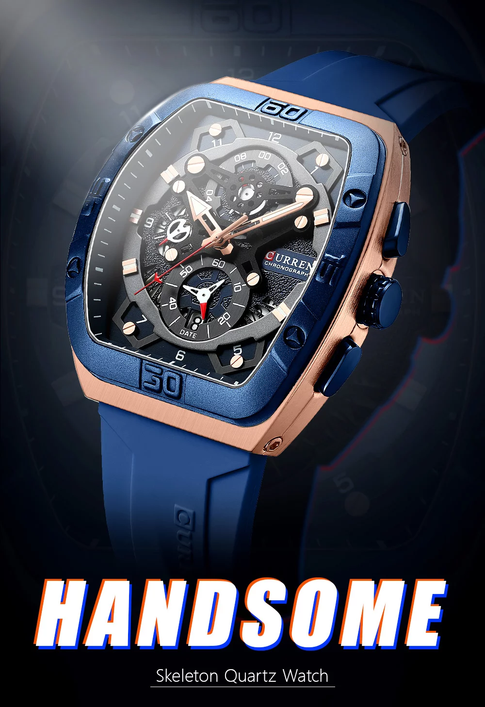urren 8443 Men's Unique Tonneau Watch, Large Dial, Casual Quartz, Silicone Strap, Luminous