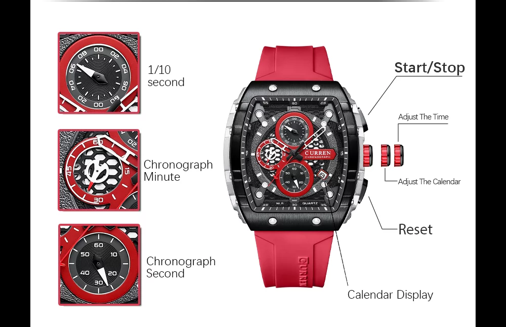 Curren New Fashion Blue Sports Luminous Watches Large Dial Unique Square Hollow Design Quartz Wristwatches Auto Date 8442