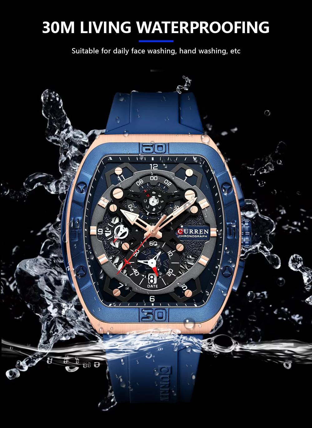urren 8443 Men's Unique Tonneau Watch, Large Dial, Casual Quartz, Silicone Strap, Luminous
