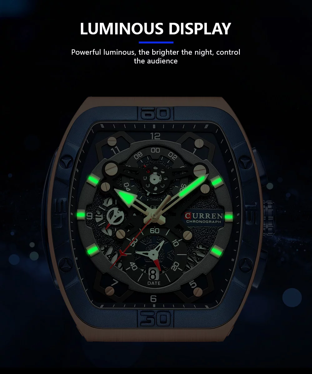 urren 8443 Men's Unique Tonneau Watch, Large Dial, Casual Quartz, Silicone Strap, Luminous