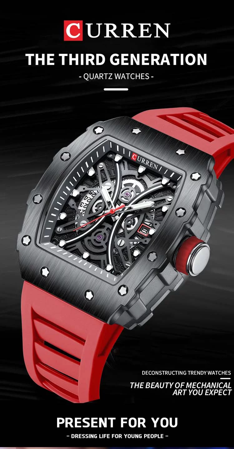 CURREN Square Luminous Watches for Men Sport Casual Silicone Bracelet Half Hollow Auto Date Dial Wristwatches Gift 8438 