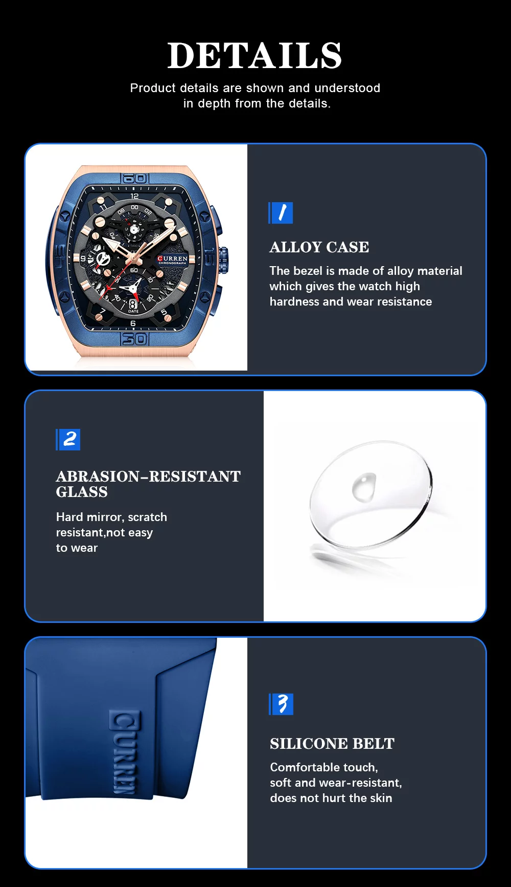 urren 8443 Men's Unique Tonneau Watch, Large Dial, Casual Quartz, Silicone Strap, Luminous