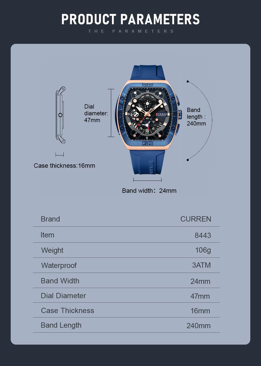 urren 8443 Men's Unique Tonneau Watch, Large Dial, Casual Quartz, Silicone Strap, Luminous