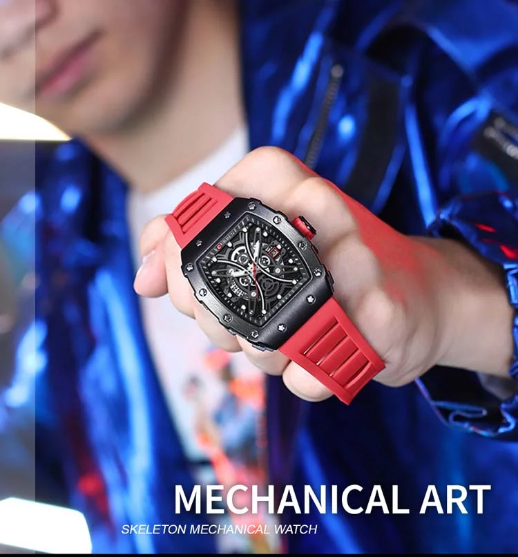 CURREN Square Luminous Watches for Men Sport Casual Silicone Bracelet Half Hollow Auto Date Dial Wristwatches Gift 8438 