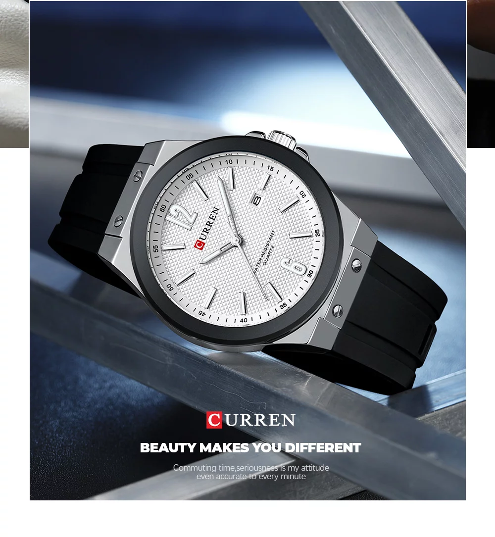 Curren 8467 Men's Sport Watch &ndash; Luminous Hands, Waterproof, Luxury Silver Blue Silicone Band