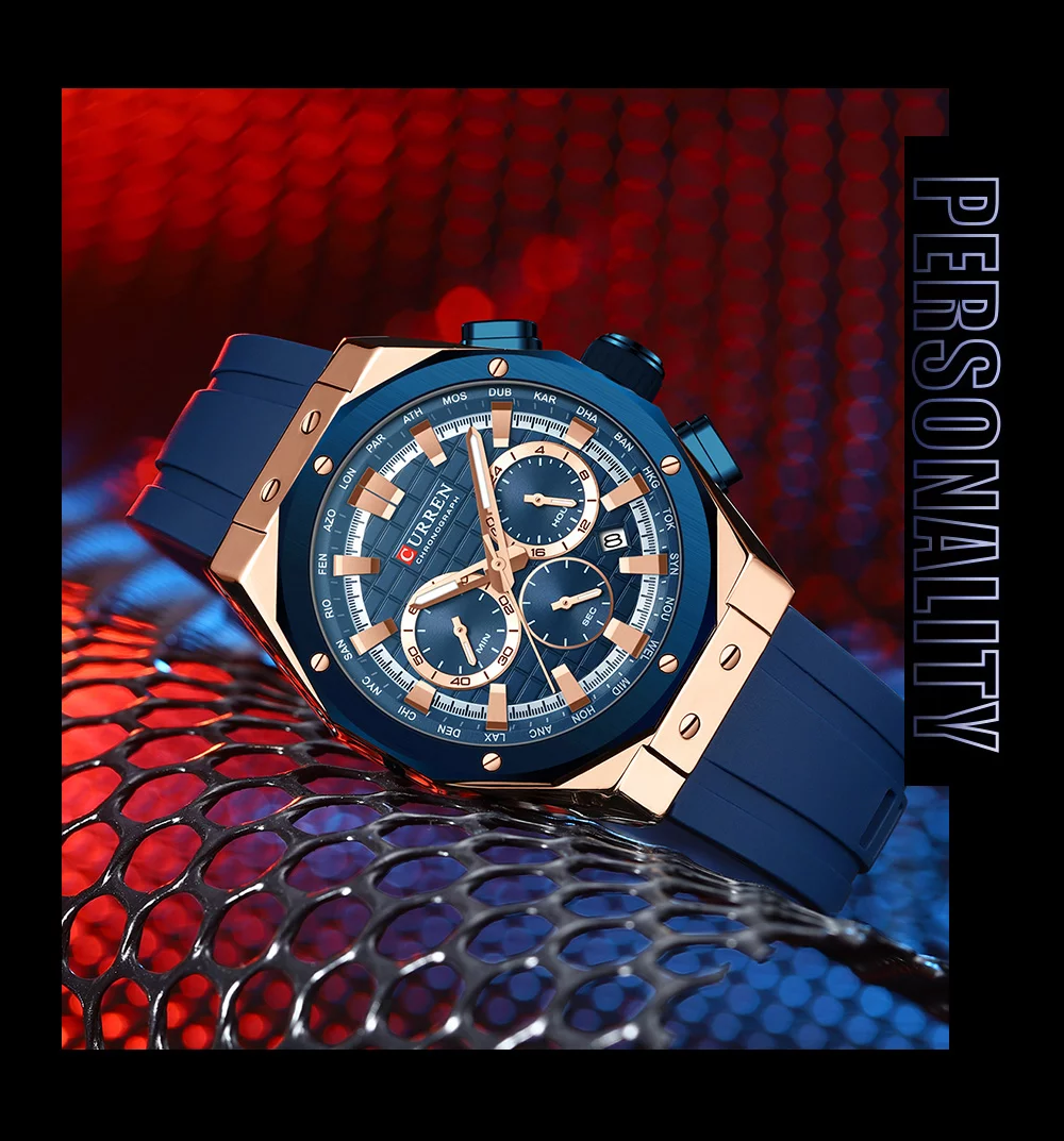 CURREN 8464 Men's Luxury Silicone Strap Luminous Waterproof Sport Chronograph Watch with Date