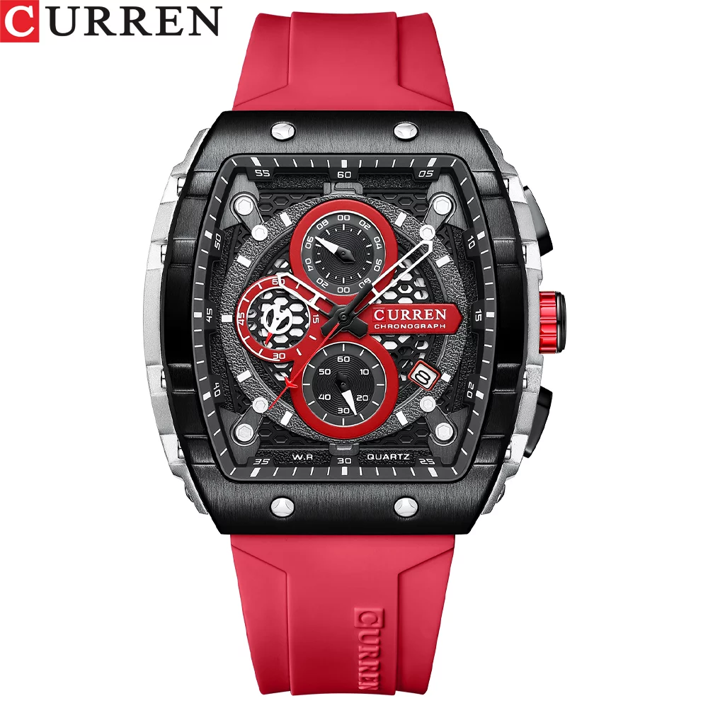 Curren New Fashion Blue Sports Luminous Watches Large Dial Unique Square Hollow Design Quartz Wristwatches Auto Date 8442