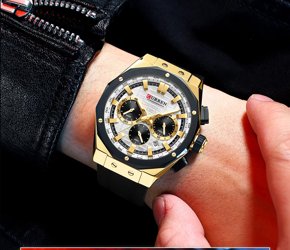 CURREN 8464 Men's Luxury Silicone Strap Luminous Waterproof Sport Chronograph Watch with Date