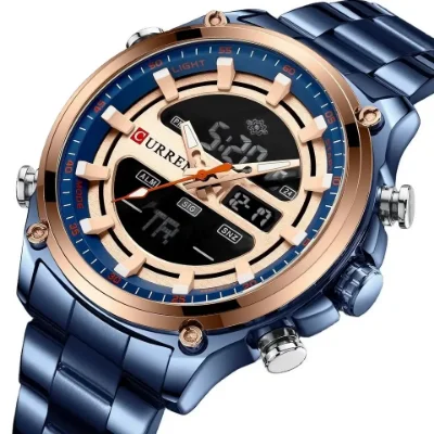 Curren 8404 Men's Sports Watch: LED Luminous Multifunction Gold Stainless Steel Quartz Digital Wristwatch