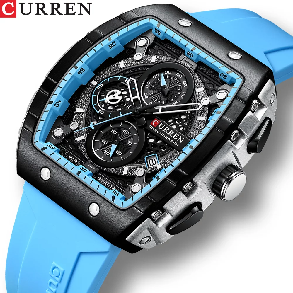 Curren New Fashion Blue Sports Luminous Watches Large Dial Unique Square Hollow Design Quartz Wristwatches Auto Date 8442