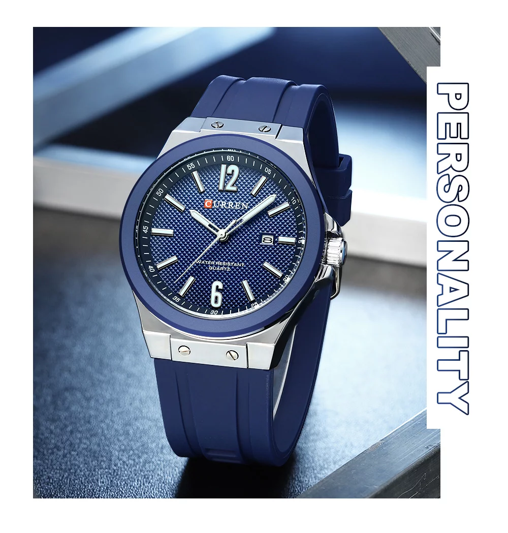 Curren 8467 Men's Sport Watch &ndash; Luminous Hands, Waterproof, Luxury Silver Blue Silicone Band