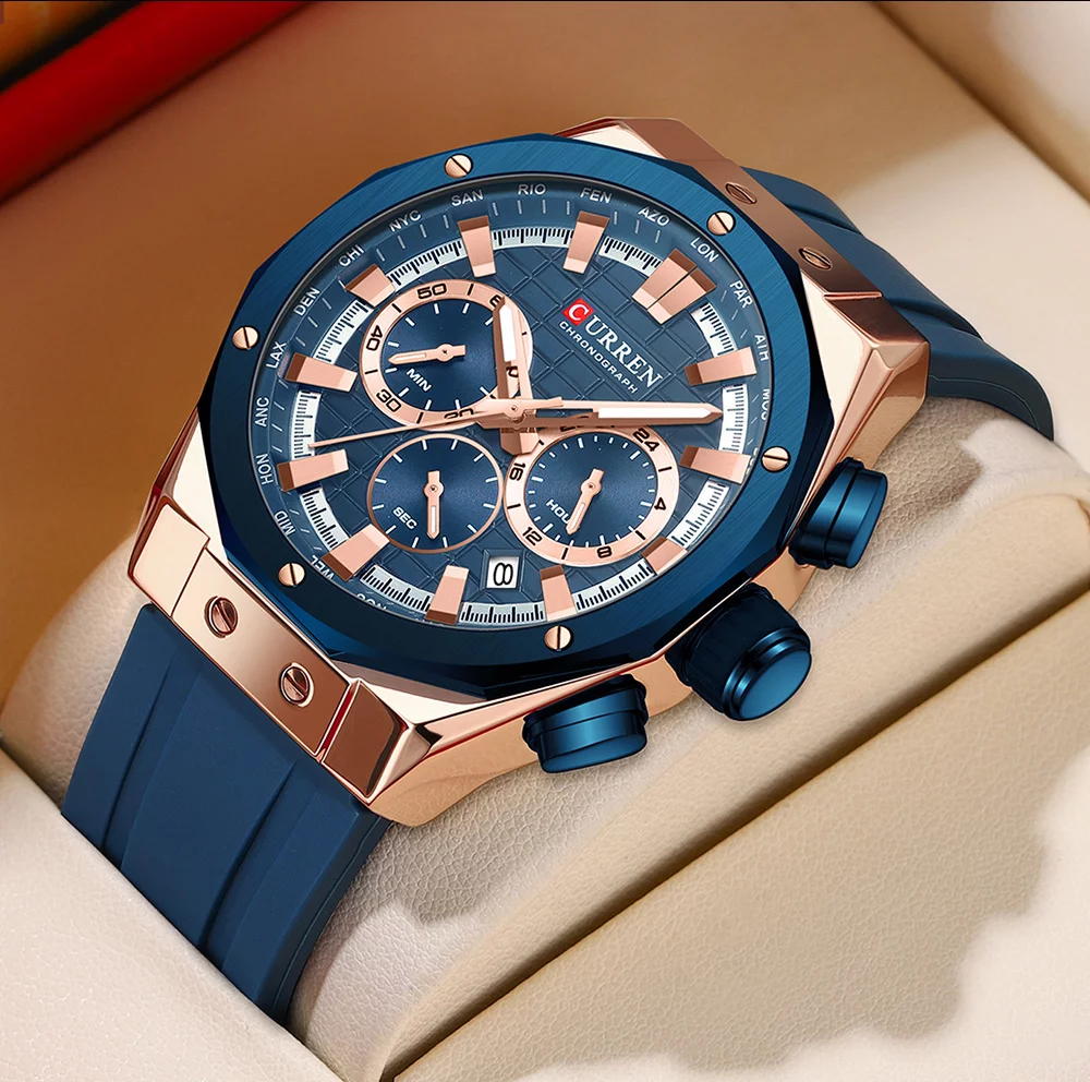 CURREN 8464 Men's Luxury Silicone Strap Luminous Waterproof Sport Chronograph Watch with Date