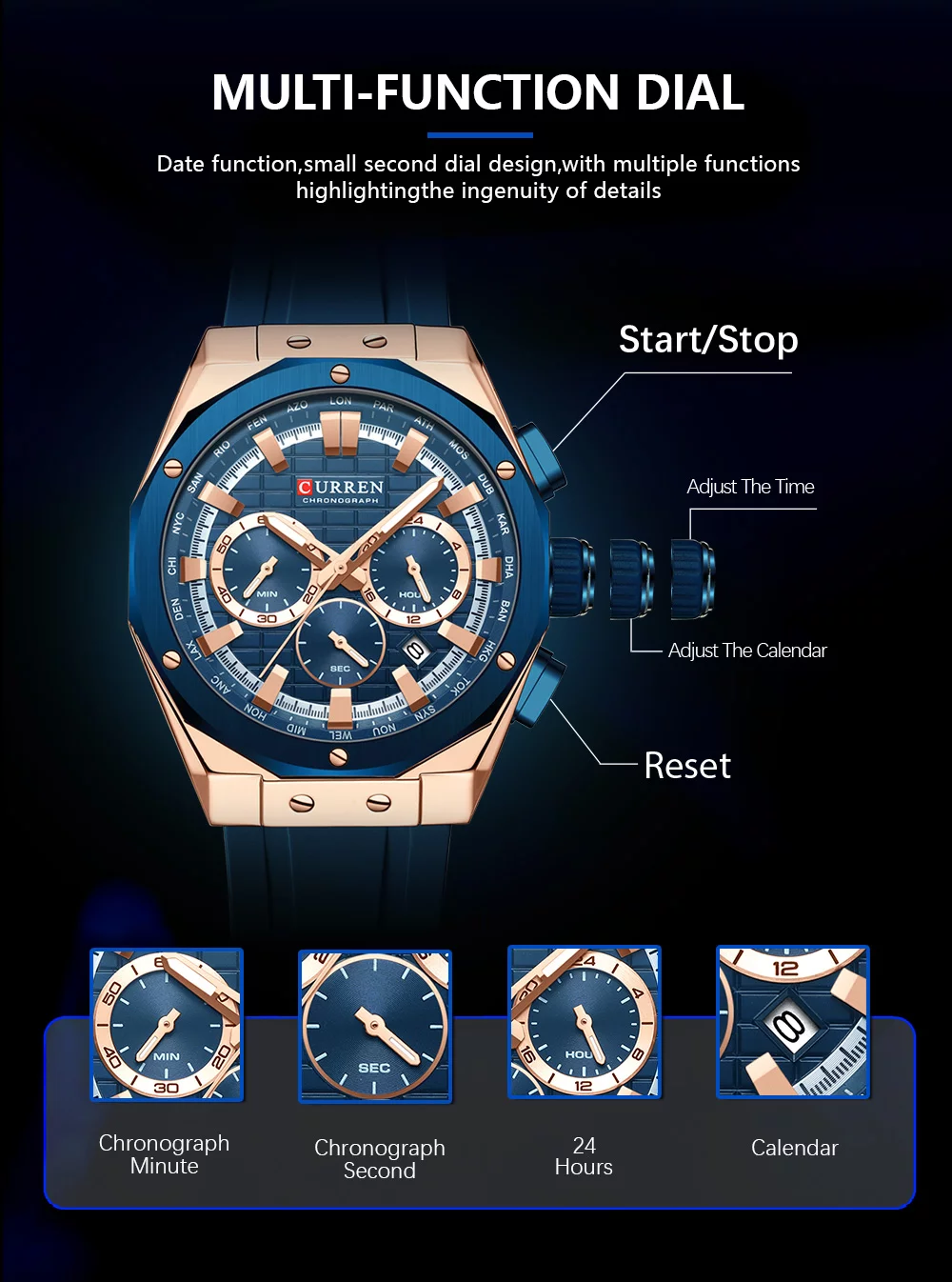 CURREN 8464 Men's Luxury Silicone Strap Luminous Waterproof Sport Chronograph Watch with Date