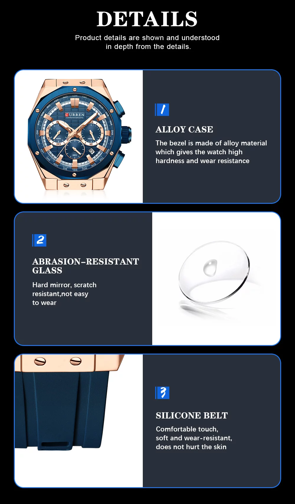 CURREN 8464 Men's Luxury Silicone Strap Luminous Waterproof Sport Chronograph Watch with Date