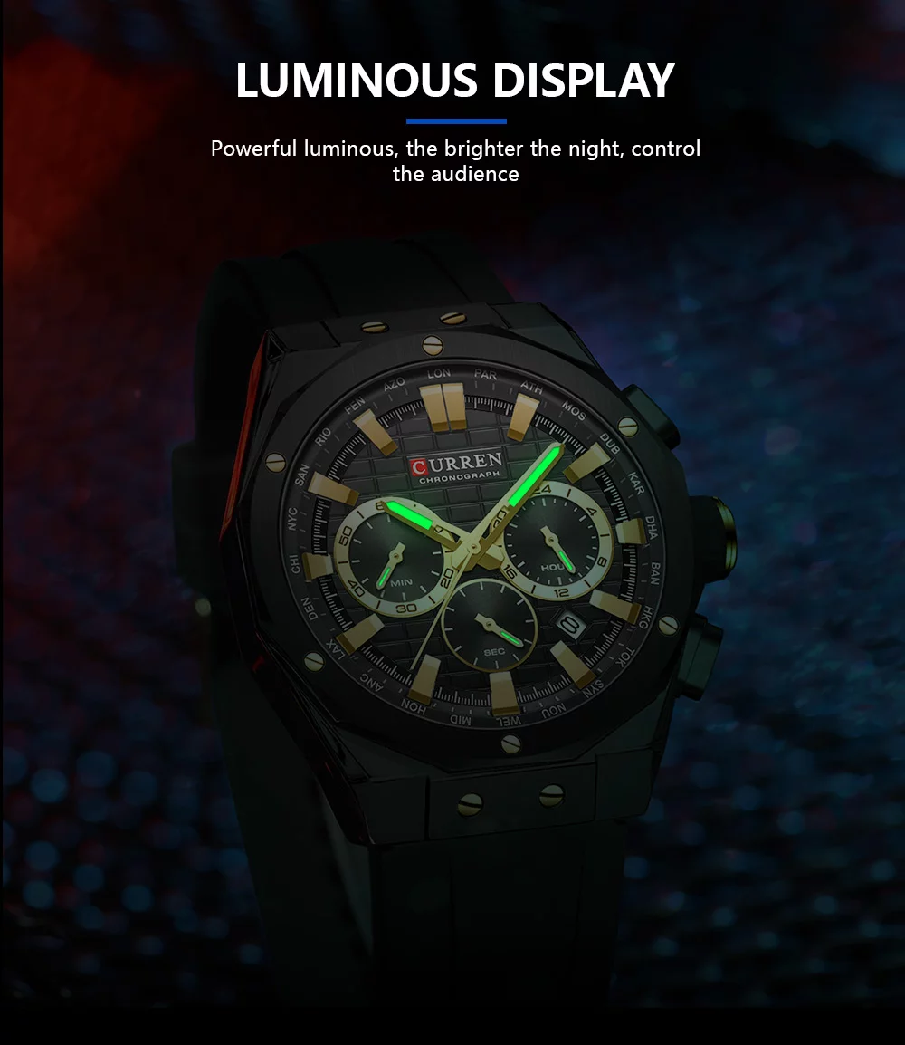 CURREN 8464 Men's Luxury Silicone Strap Luminous Waterproof Sport Chronograph Watch with Date