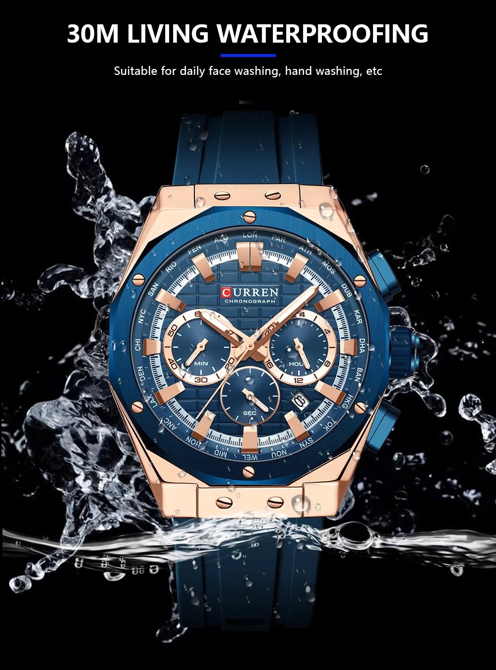 CURREN 8464 Men's Luxury Silicone Strap Luminous Waterproof Sport Chronograph Watch with Date