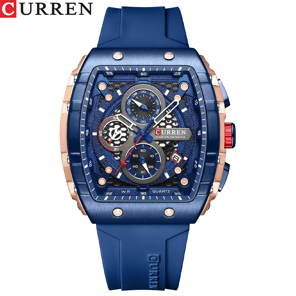 Curren New Fashion Blue Sports Luminous Watches Large Dial Unique Square Hollow Design Quartz Wristwatches Auto Date 8442