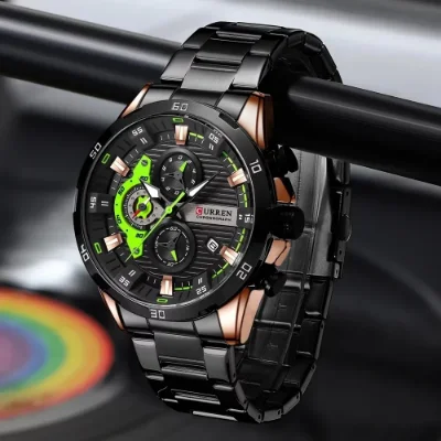 Curren Men's Stainless Steel Alloy Round Buckle Waterproof Watch: Sports Chronograph Quartz, Blue Dial - Reloj 8402
