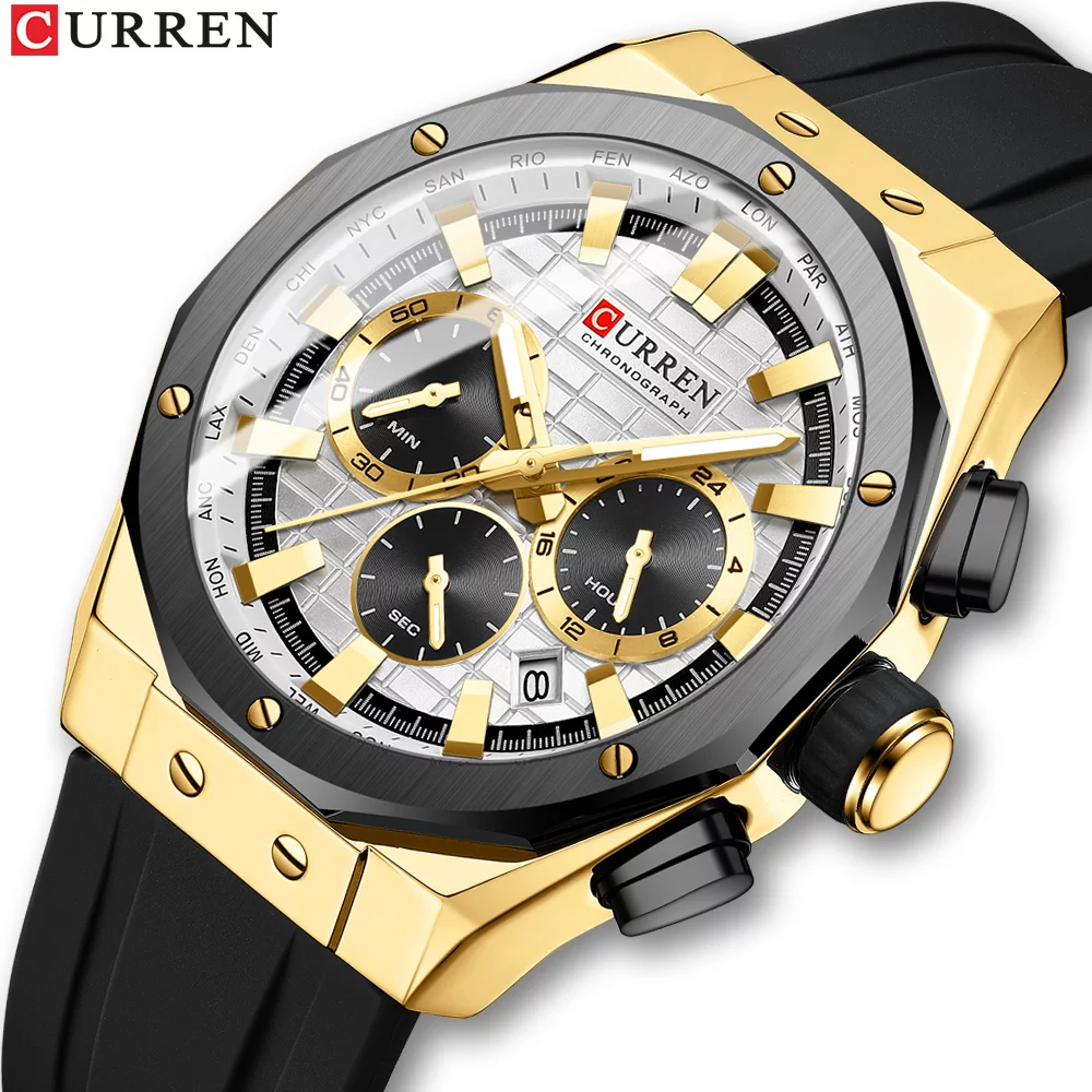 CURREN 8464 Men's Luxury Silicone Strap Luminous Waterproof Sport Chronograph Watch with Date