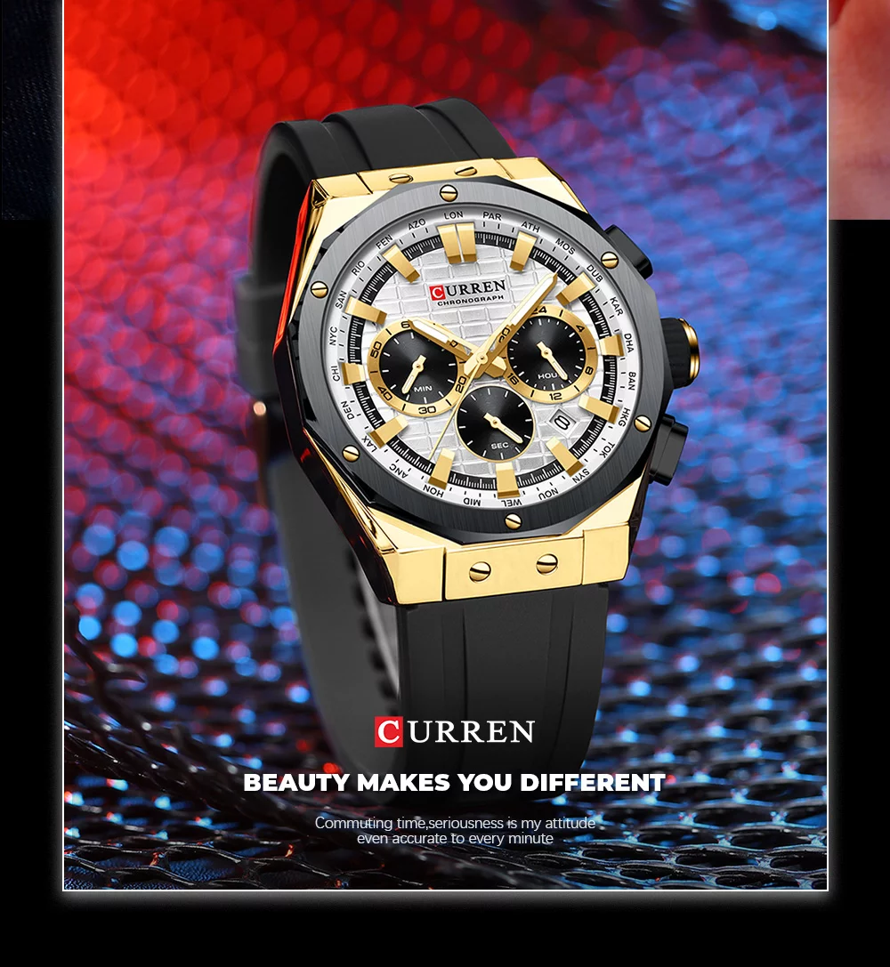 CURREN 8464 Men's Luxury Silicone Strap Luminous Waterproof Sport Chronograph Watch with Date