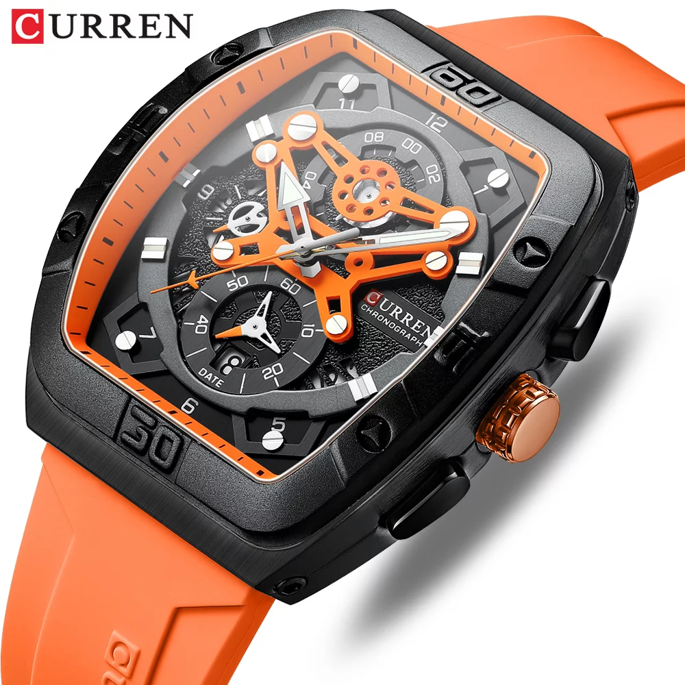 urren 8443 Men's Unique Tonneau Watch, Large Dial, Casual Quartz, Silicone Strap, Luminous