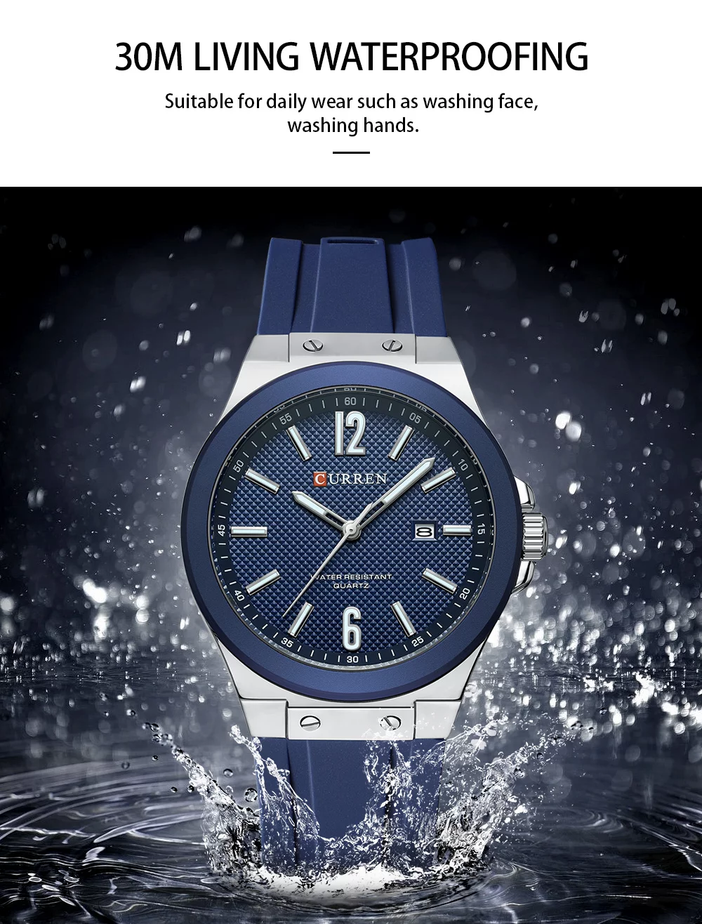 Curren 8467 Men's Sport Watch &ndash; Luminous Hands, Waterproof, Luxury Silver Blue Silicone Band