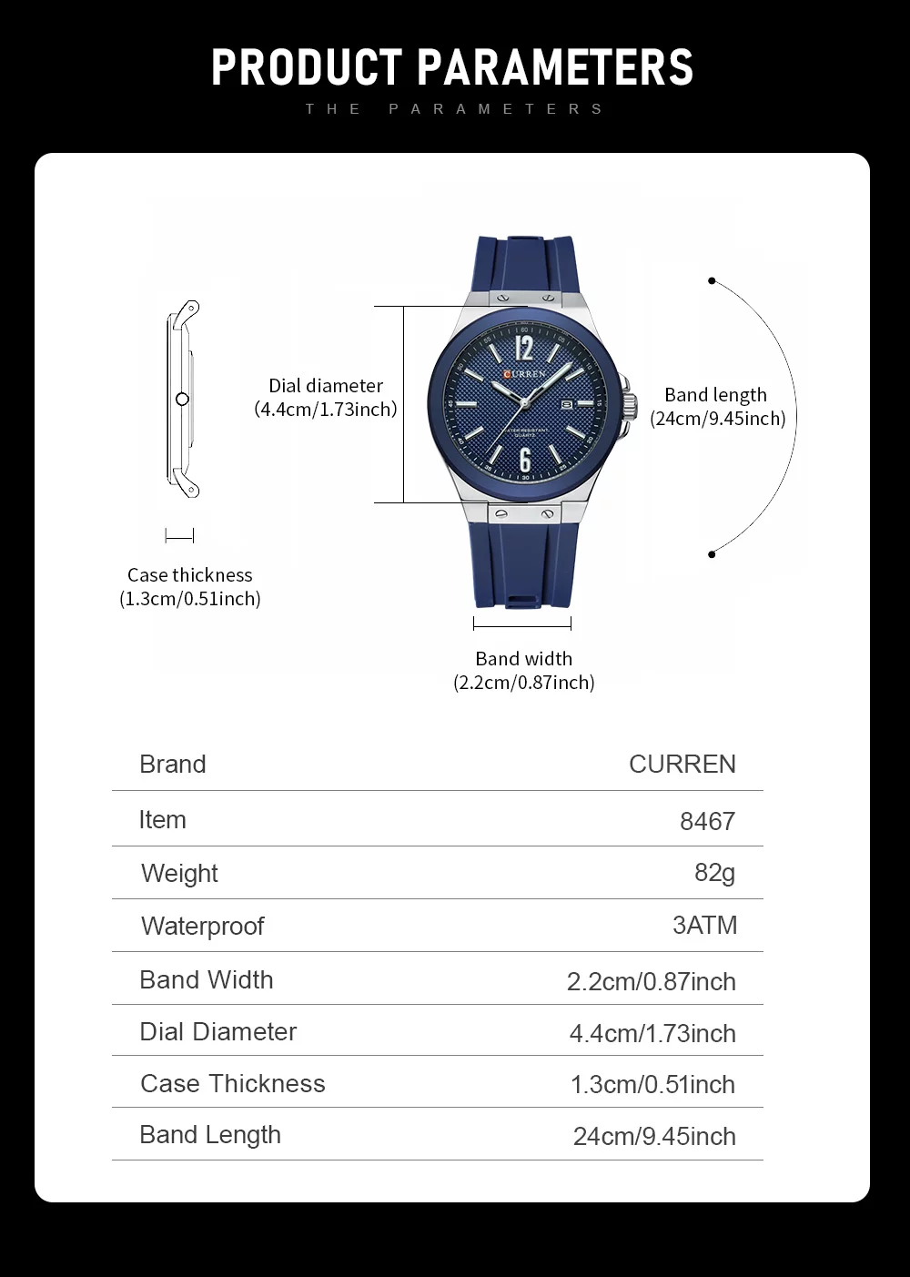 Curren 8467 Men's Sport Watch &ndash; Luminous Hands, Waterproof, Luxury Silver Blue Silicone Band