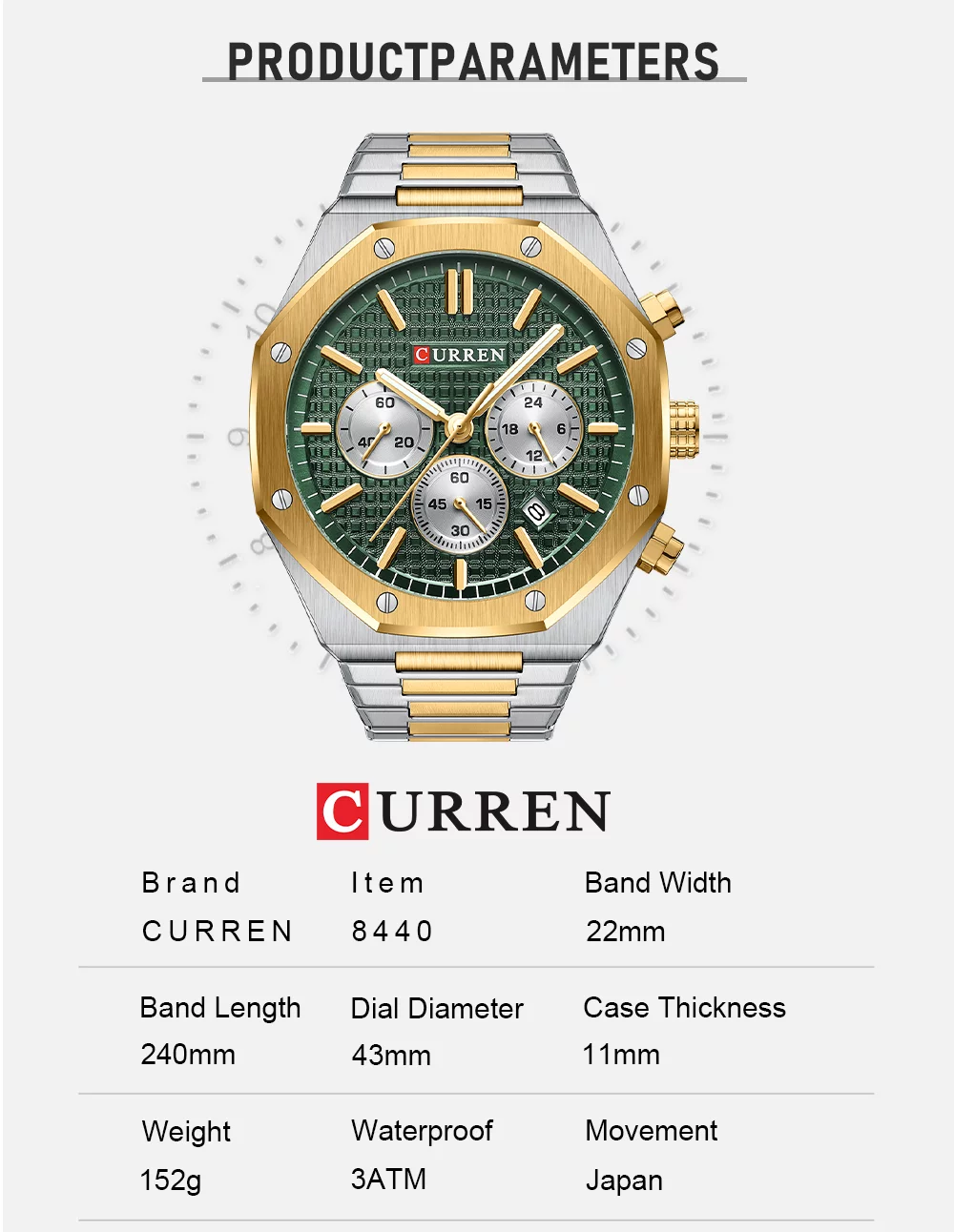 Curren 8440 Quartz Men Watches Chronograph Sports Stainless Steel
