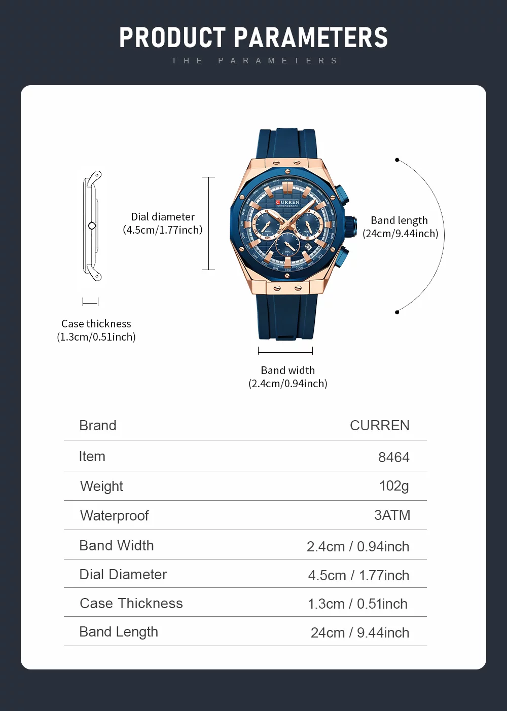 CURREN 8464 Men's Luxury Silicone Strap Luminous Waterproof Sport Chronograph Watch with Date