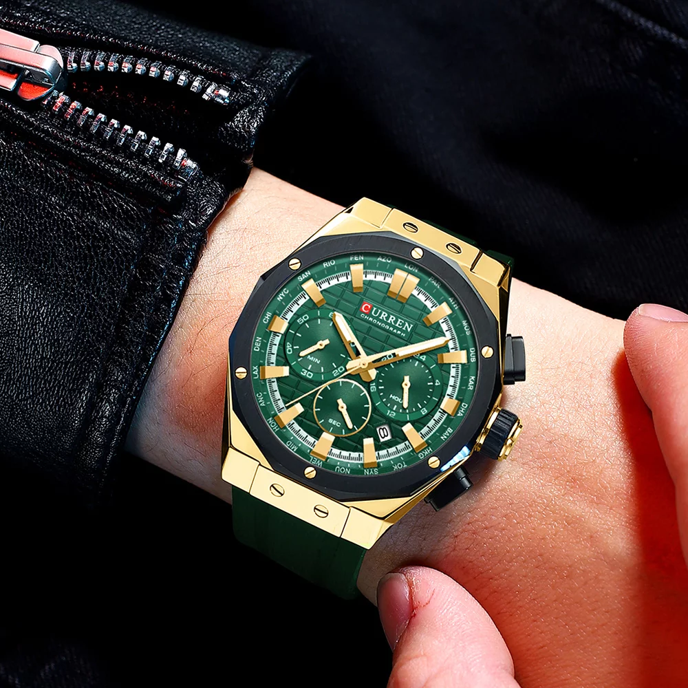 CURREN 8464 Men's Luxury Silicone Strap Luminous Waterproof Sport Chronograph Watch with Date
