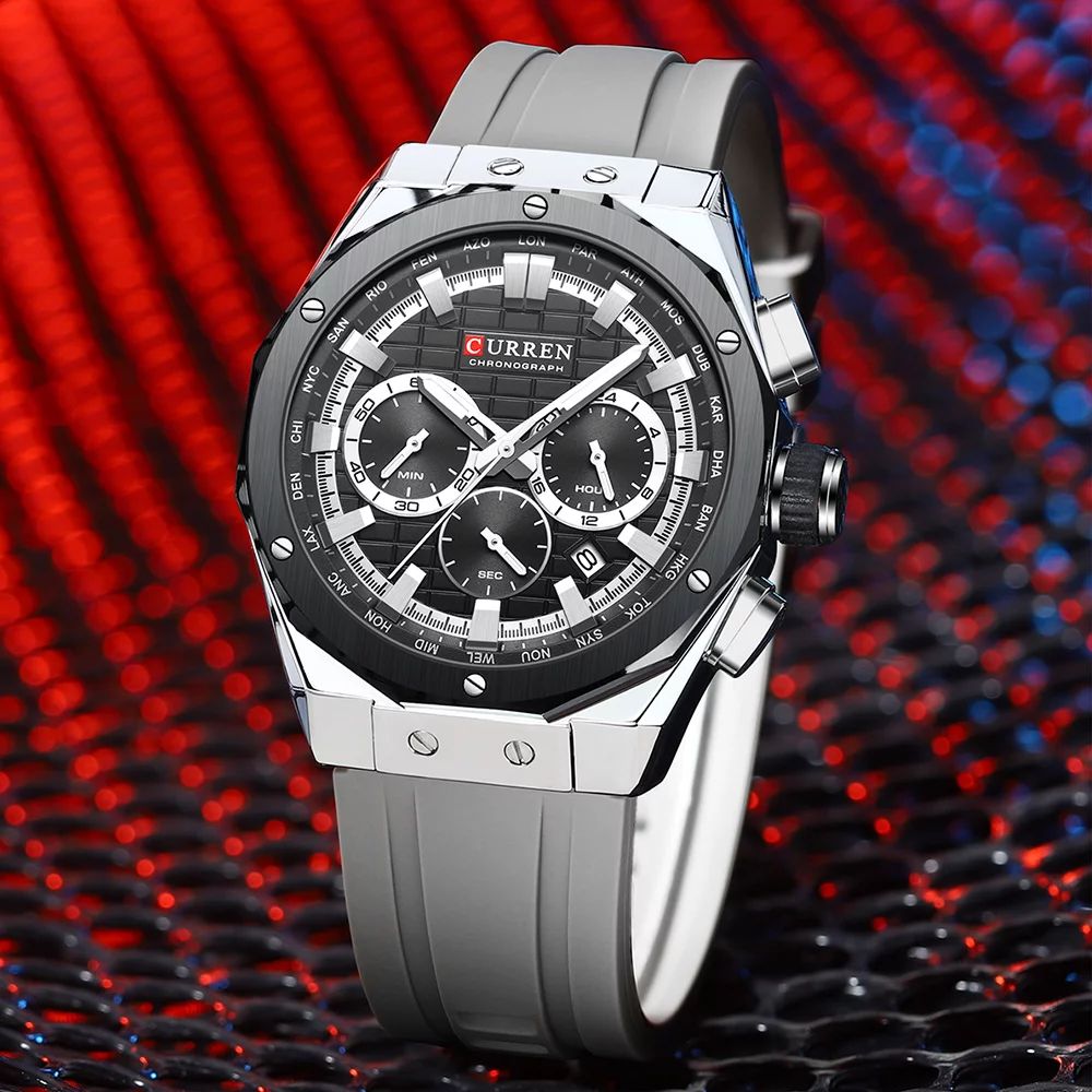 CURREN 8464 Men's Luxury Silicone Strap Luminous Waterproof Sport Chronograph Watch with Date