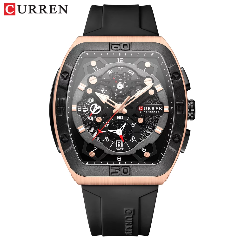 urren 8443 Men's Unique Tonneau Watch, Large Dial, Casual Quartz, Silicone Strap, Luminous