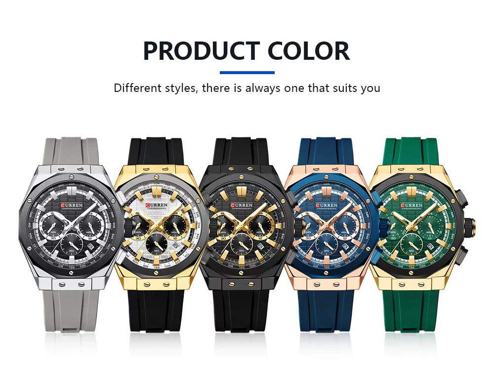 CURREN 8464 Men's Luxury Silicone Strap Luminous Waterproof Sport Chronograph Watch with Date