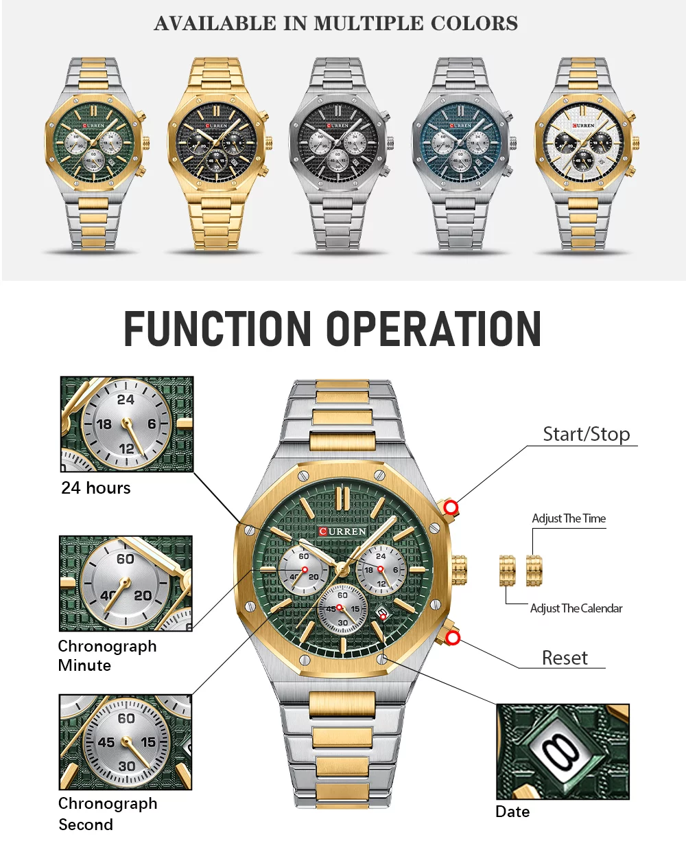 Curren 8440 Quartz Men Watches Chronograph Sports Stainless Steel