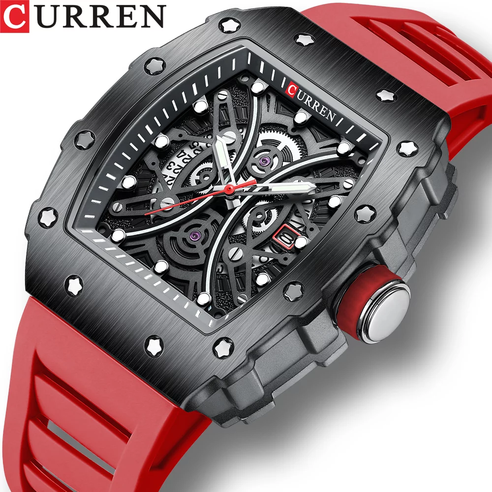 CURREN Square Luminous Watches for Men Sport Casual Silicone Bracelet Half Hollow Auto Date Dial Wristwatches Gift 8438 