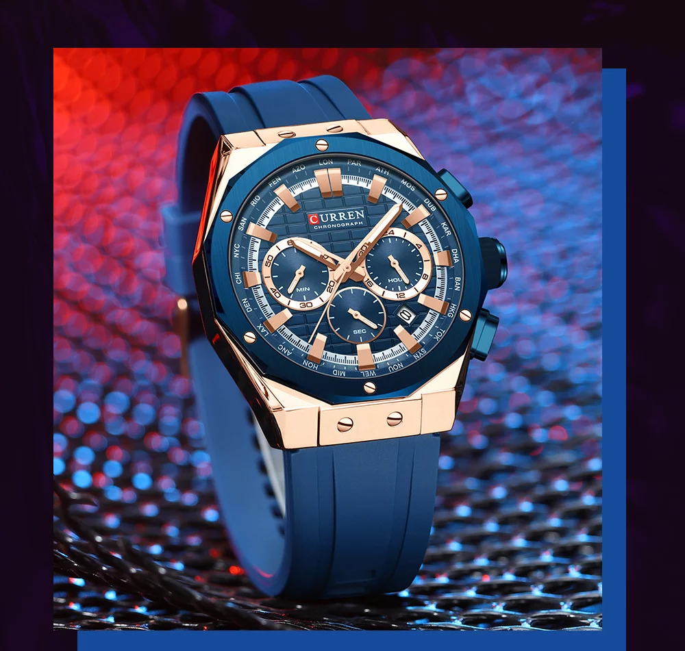 CURREN 8464 Men's Luxury Silicone Strap Luminous Waterproof Sport Chronograph Watch with Date