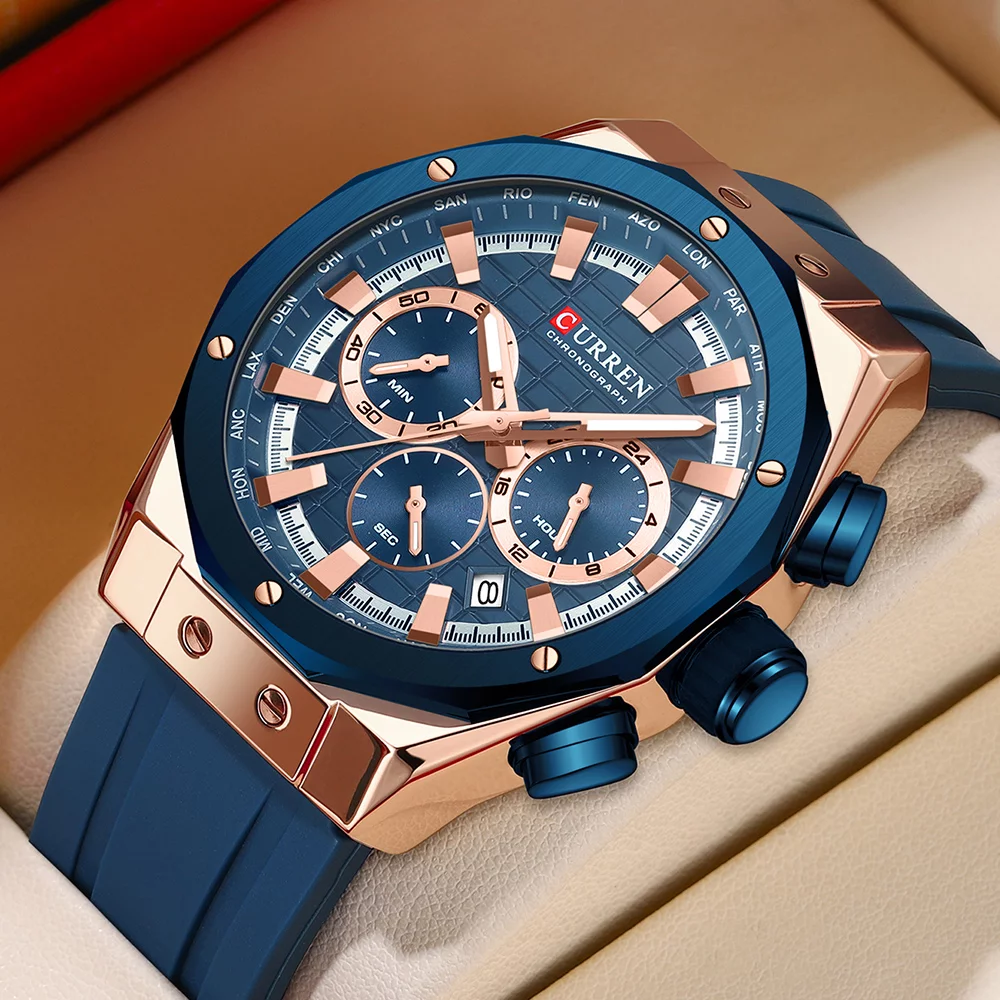 CURREN 8464 Men's Luxury Silicone Strap Luminous Waterproof Sport Chronograph Watch with Date