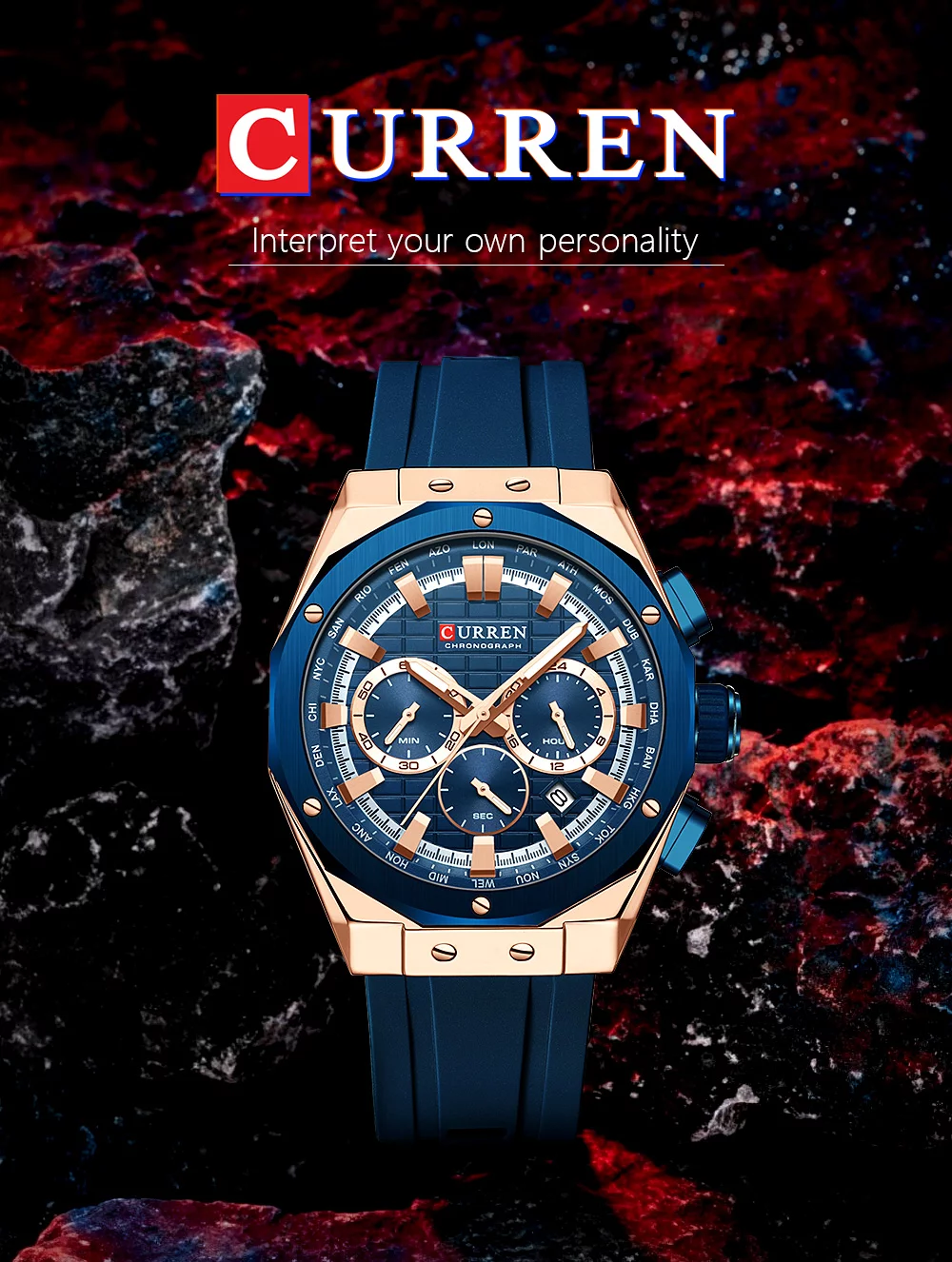 CURREN 8464 Men's Luxury Silicone Strap Luminous Waterproof Sport Chronograph Watch with Date