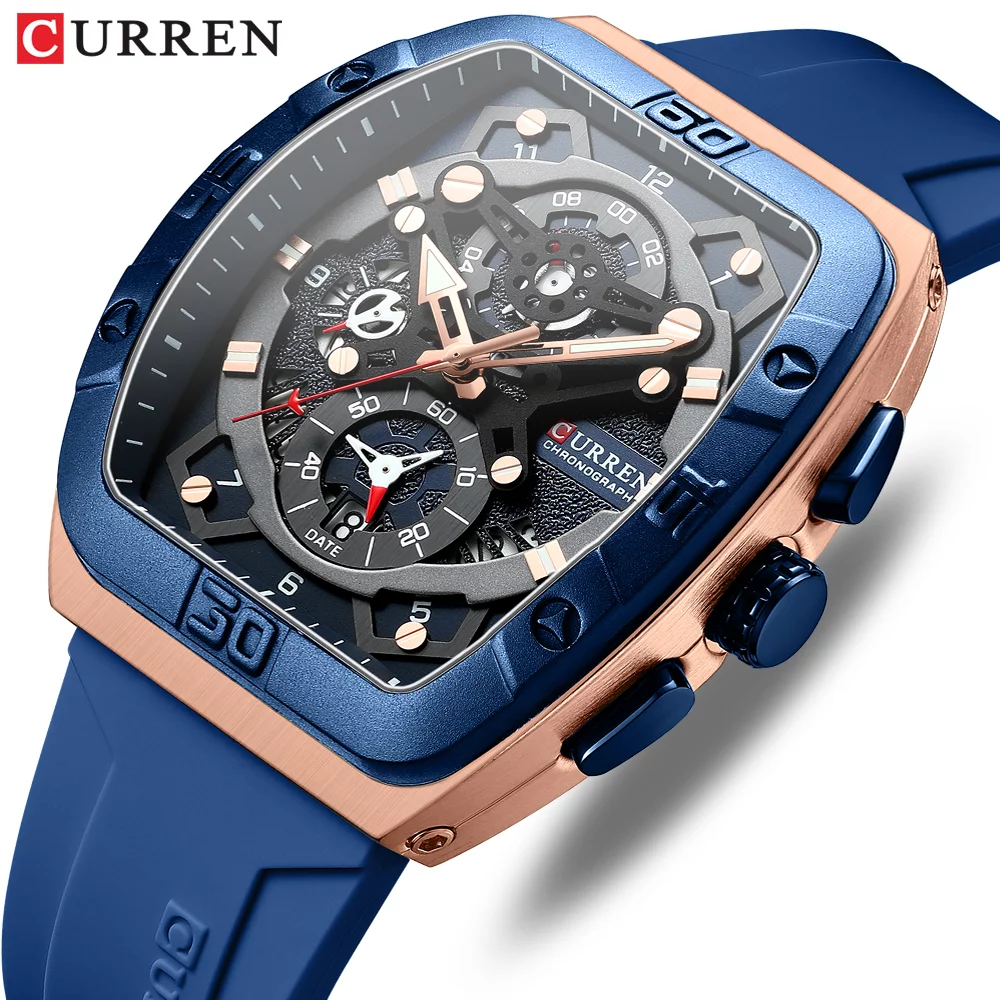 urren 8443 Men's Unique Tonneau Watch, Large Dial, Casual Quartz, Silicone Strap, Luminous