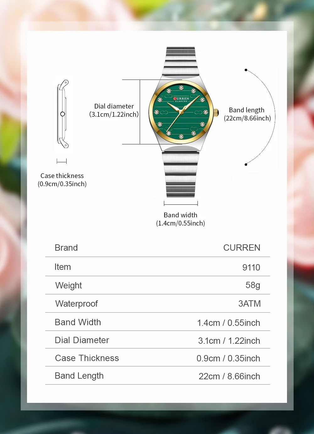 Curren 9110 Casual Women Quartz Watch Steel Strap Waterproof